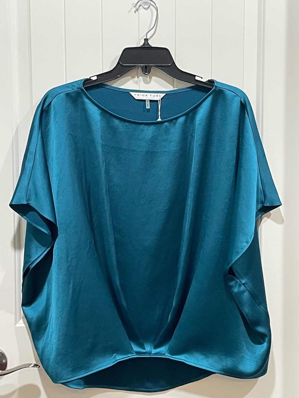 Trina Turk Pastilla Teal Satin Dolman Sleeve Top Sz L NWT